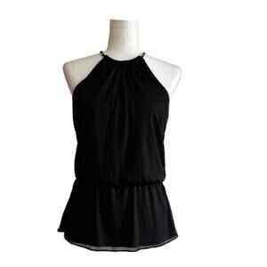 Coco Bianco Halter Top Black Gold Chain Neckline Sleeveless Blouse Small NEW